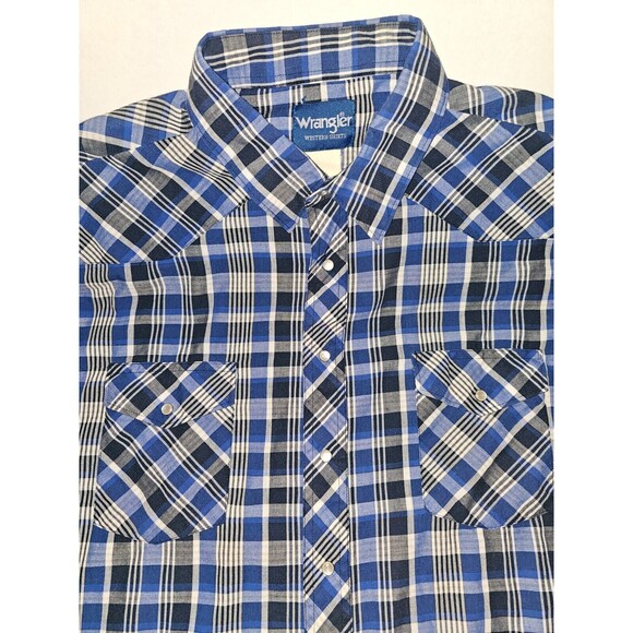 Wrangler Western Shirts Pearl Snap Plaid Blue Checked Button Shirt Men's Size XL - Picture 3 of 8
